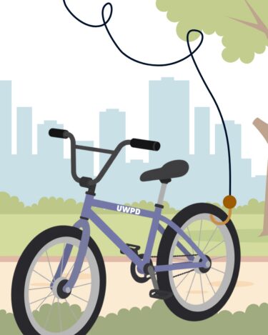 An illustration of a purple bike with UWPD on the side next to a tree with a fishing line and hook connected to the back wheel